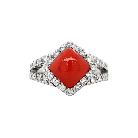 Vintage 18K White Gold Cluster Ring with Red Coral and Diamond