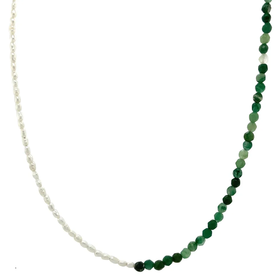 Vintage Jade and Pearl Necklace with 14K Gold Clasp 46 cm