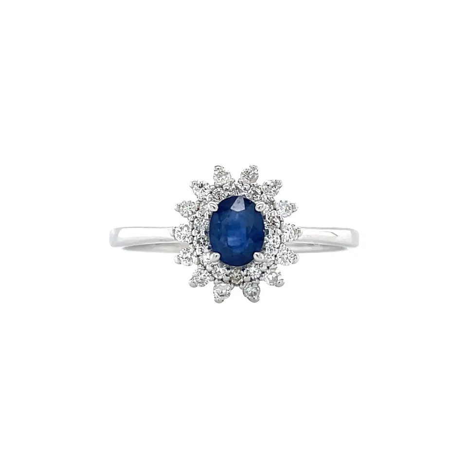 Vintage 14K White Gold Dubbele Cluster Ring with Sapphire and Diamond