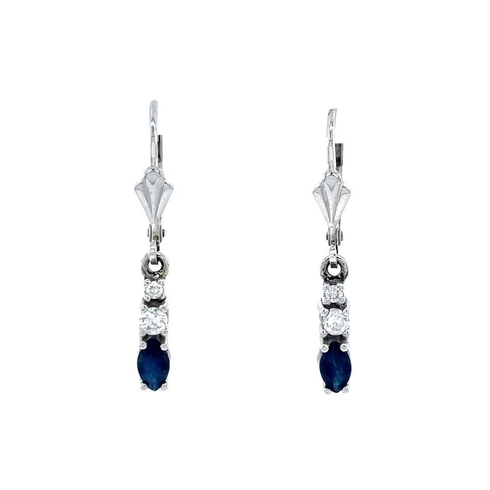 Vintage 14K White Gold Drop Earrings with Sapphire and Diamond