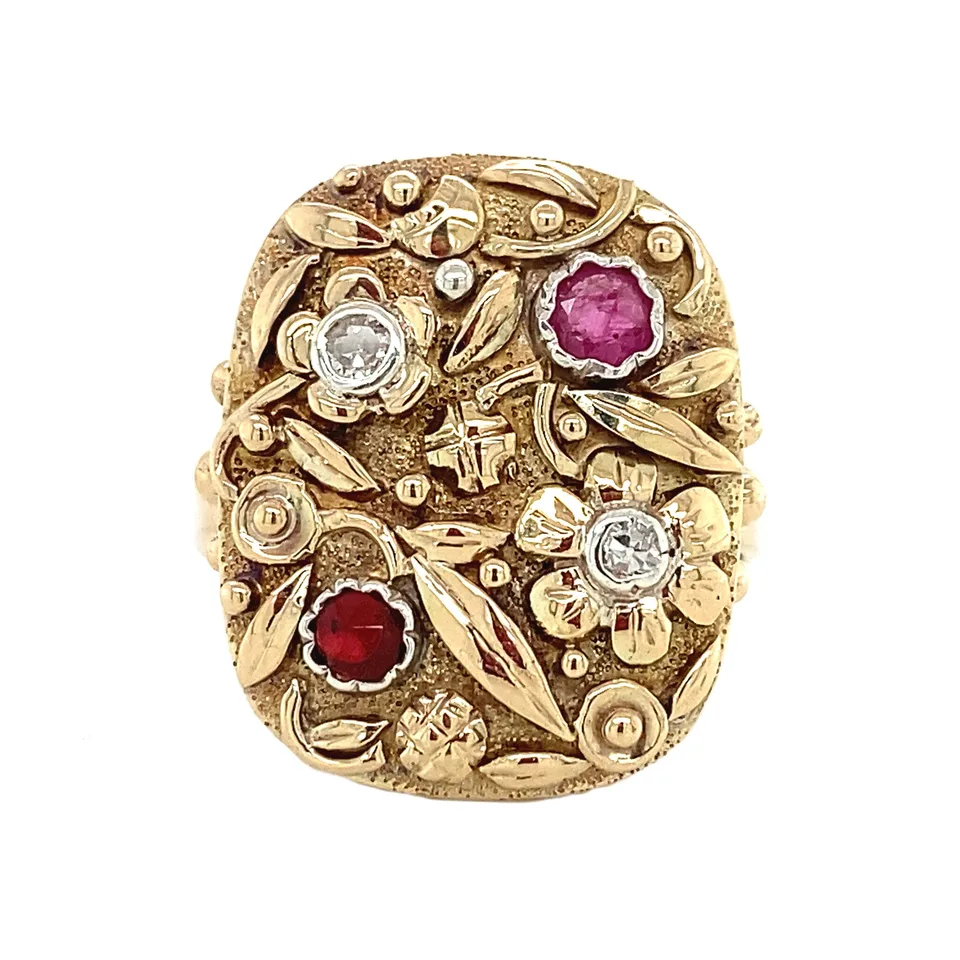 Vintage 12K Gold Ring with Diamond, Ruby and Glass Stone