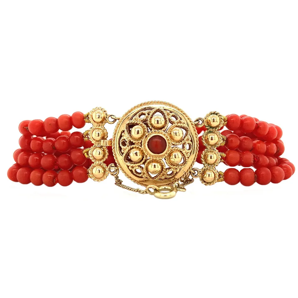 Vintage Red Coral Bracelet with 14K Gold Decorative Clasp 17 cm