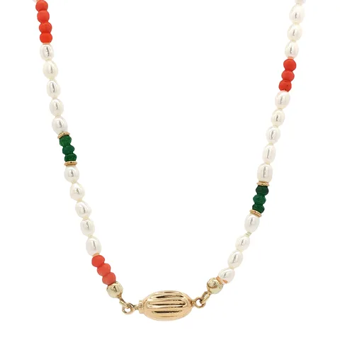 Vintage Pearl, Red Coral and Agate Necklace with 14K Gold Clasp