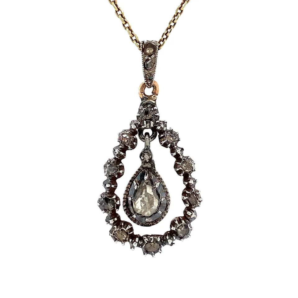 Vintage Silver 14K Gold Pendant with Rose Cut Diamond