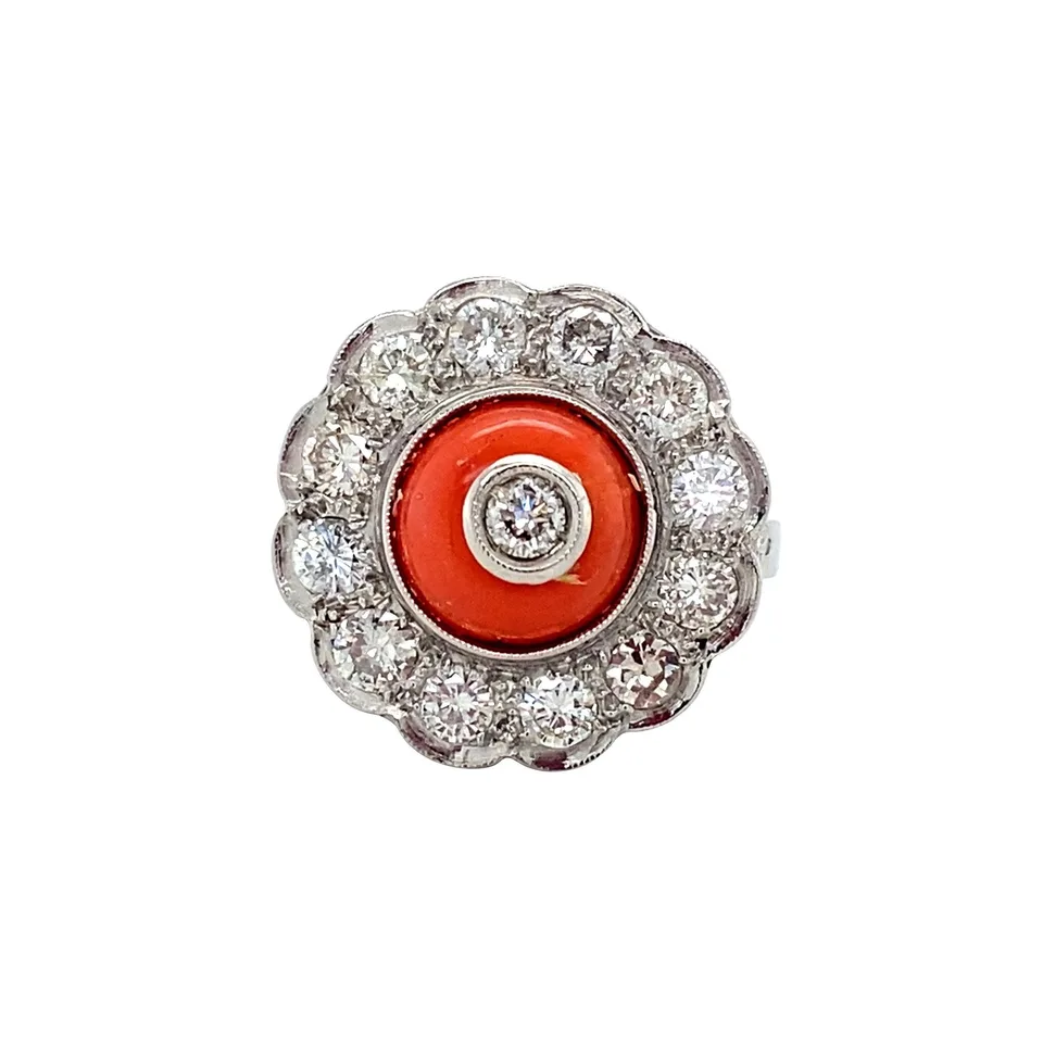 Vintage Platinum Cluster Ring with Diamond and Red Coral