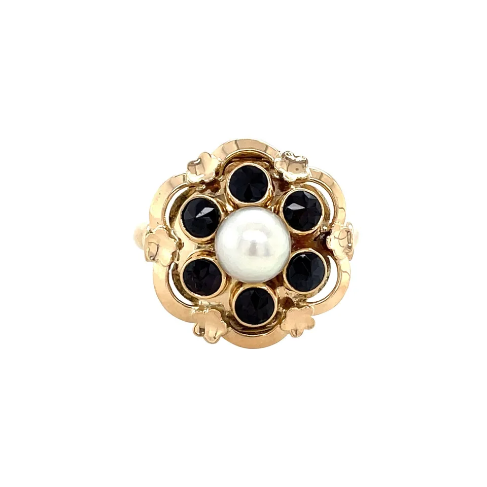 Vintage 14K Gold Cluster Ring with Pearl and Garnet