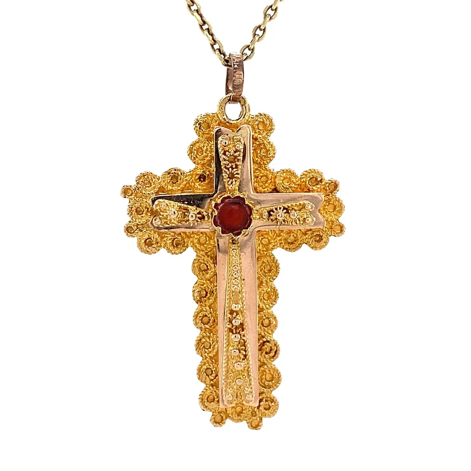 Vintage 14K Gold Pendant Cross with Red Coral