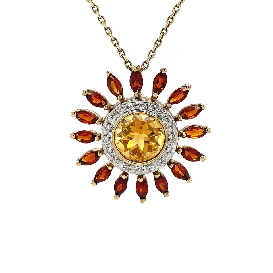 Vintage 9K Gold Pendant with Citrine, Garnet and Diamond