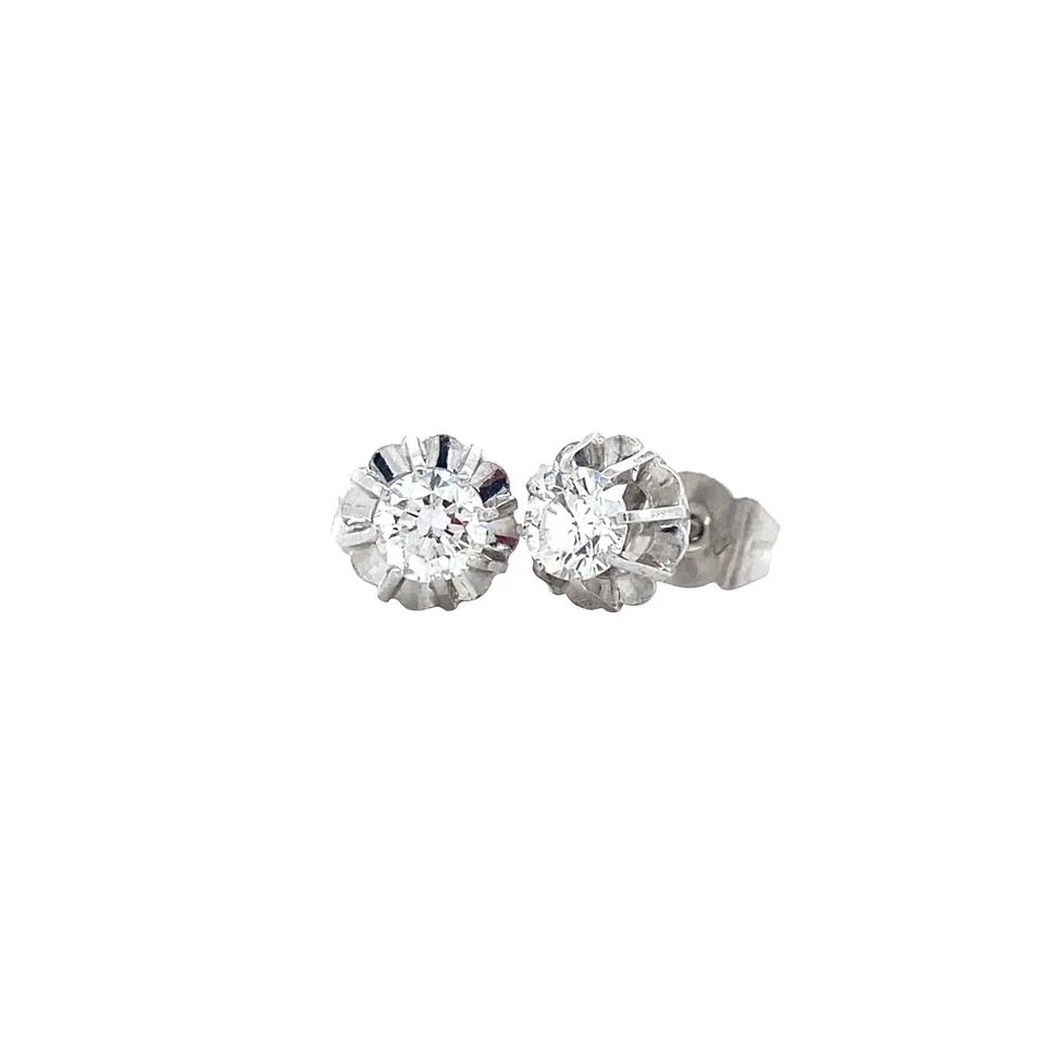 Vintage 18K White Gold Solitaire Stud Earrings with Diamond