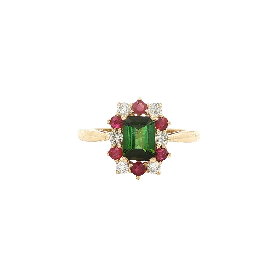 Vintage 14K Gold Ring with Tourmaline, Ruby and Diamond