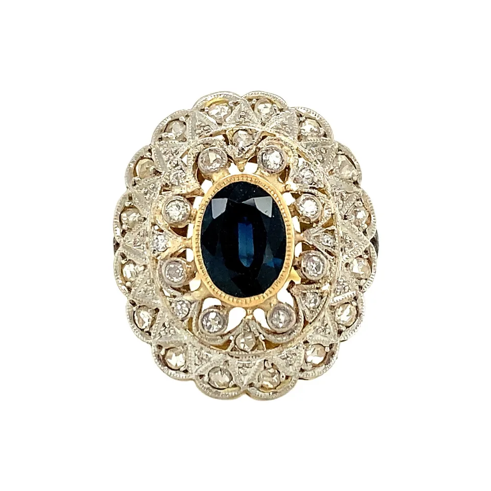 Vintage 14K Gold Cluster Ring with Sapphire and Diamond