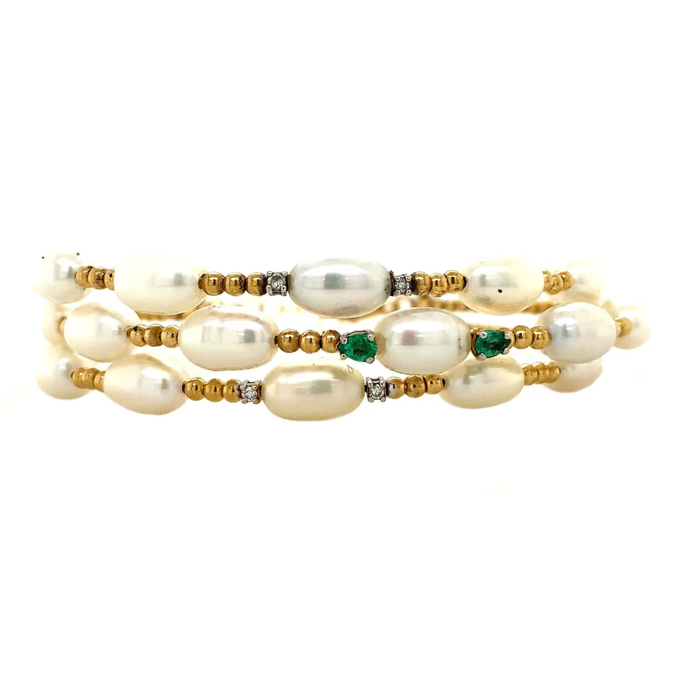 Vintage 18K Gold Bracelet with Pearl, Emerald and Diamond