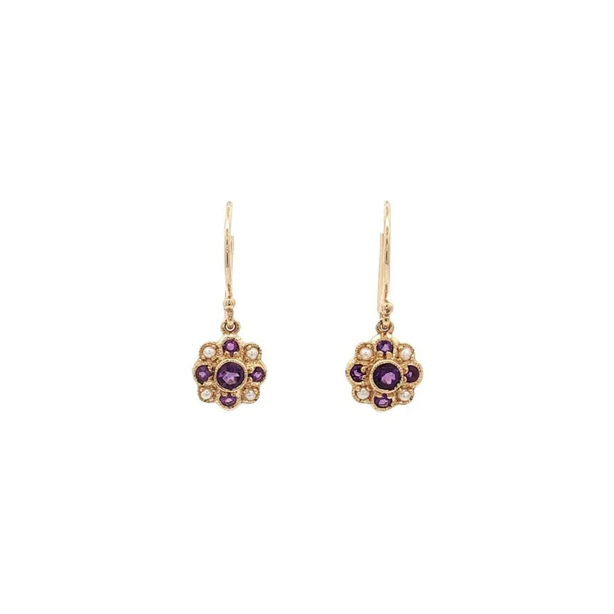 Vintage 14K Gold Earrings with Amethyst and Pearl