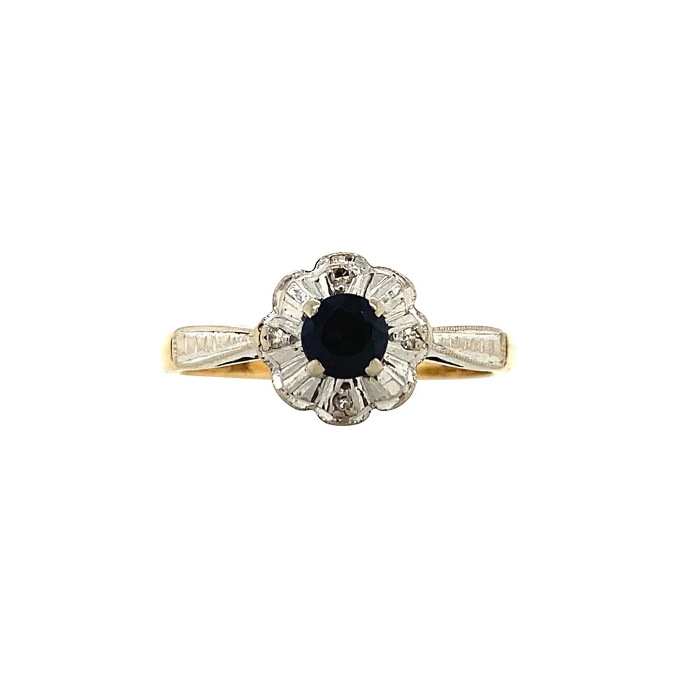Vintage 18K Gold Cluster Ring with Sapphire and Diamond