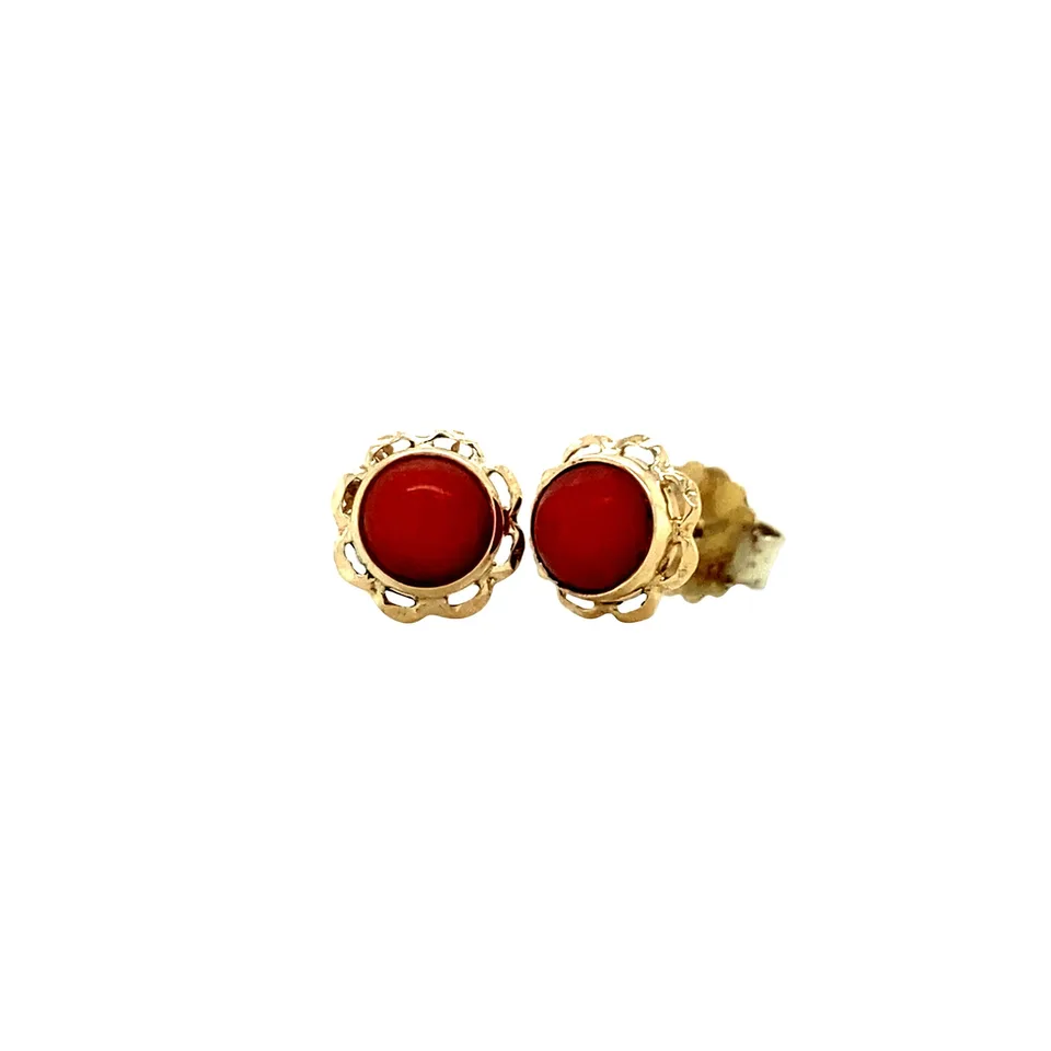 Vintage 14K Gold Stud Earrings with Red Coral