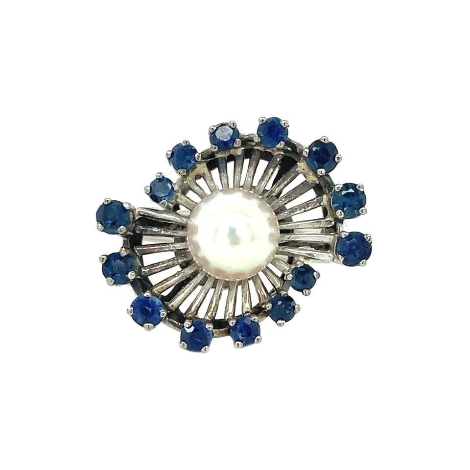 Vintage 14K White Gold Ring with Sapphire and Pearl