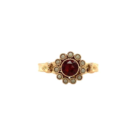 Vintage 14K Gold Ring with Garnet Doublet and Pearl