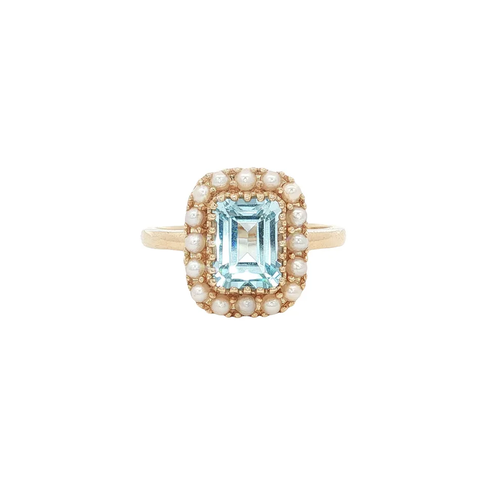 Vintage 14K Gold Ring with Blue Topaz and Pearl