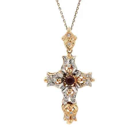 Vintage Two Tone Cross 12K Gold Pendant with Ruby and Cubic Zirconia