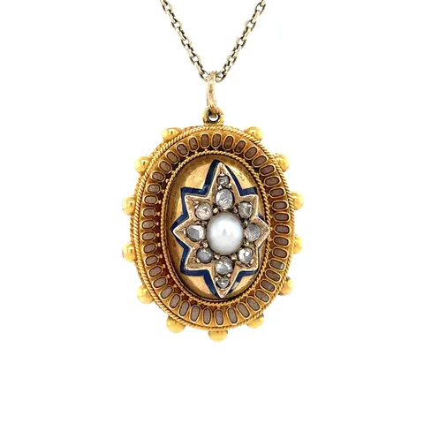 Vintage 9K Gold Pendant with Pearl and Rose Cut Diamond