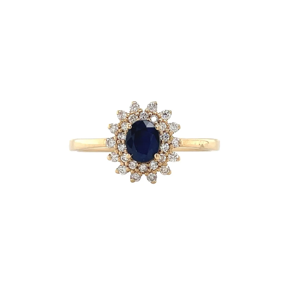 Vintage 14K Gold Cluster Ring with Sapphire and Diamond