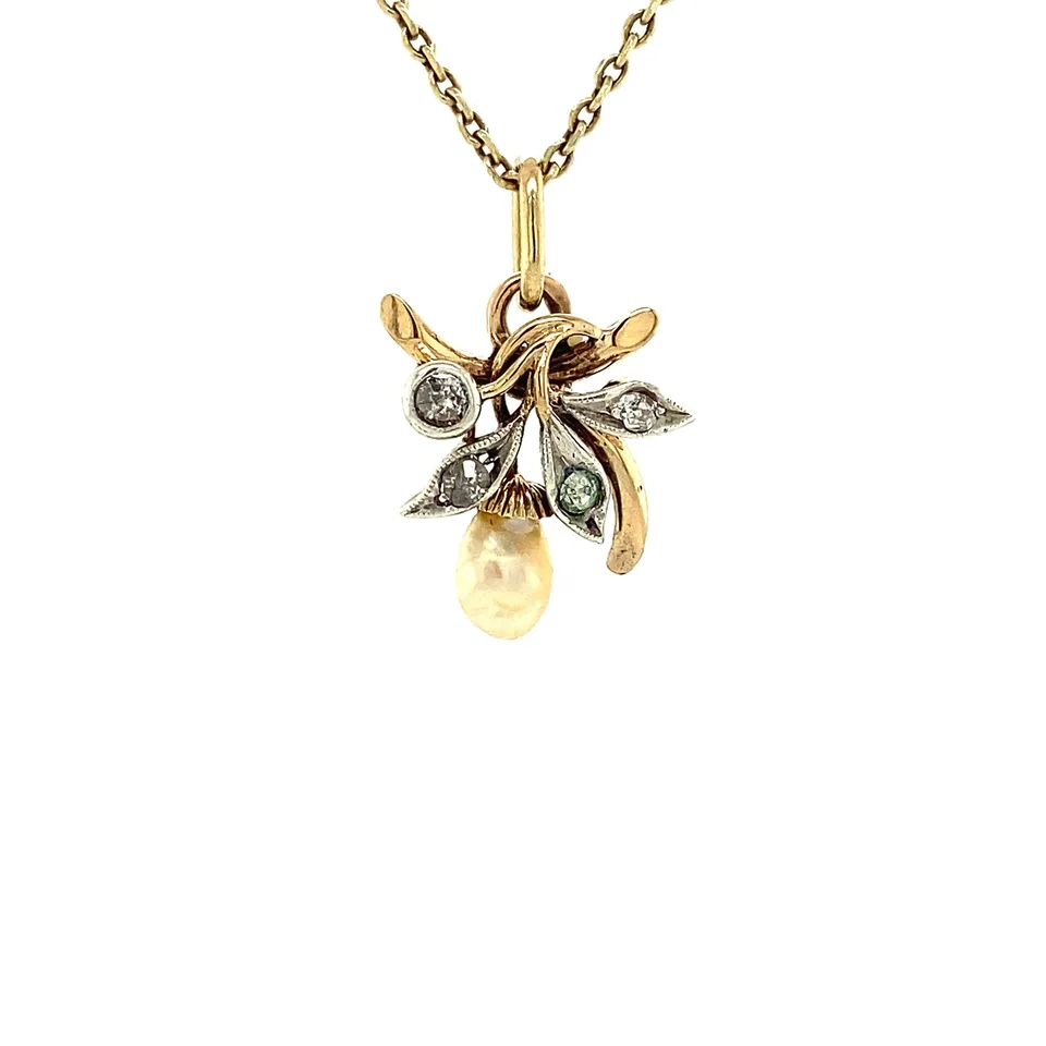 Vintage 14K Gold Pendant with Pearl and Diamond