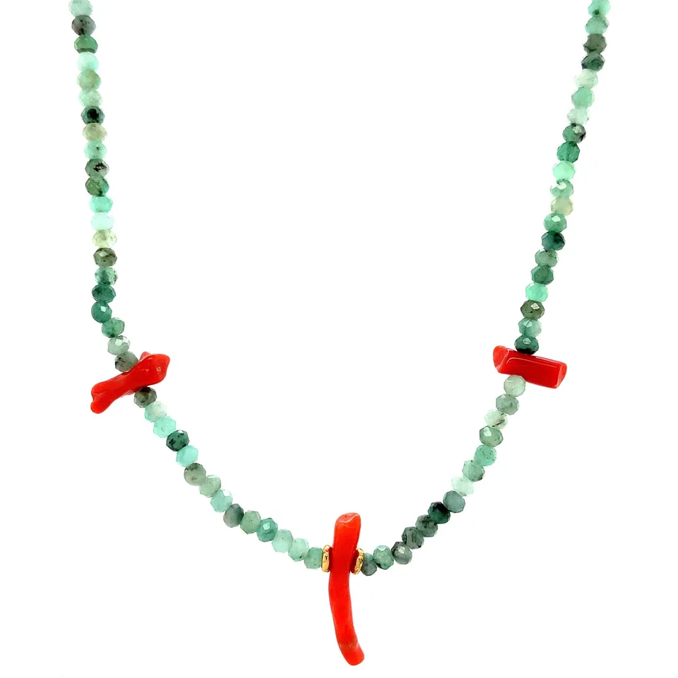 Vintage Emerald 14K Gold Necklace with Red Coral