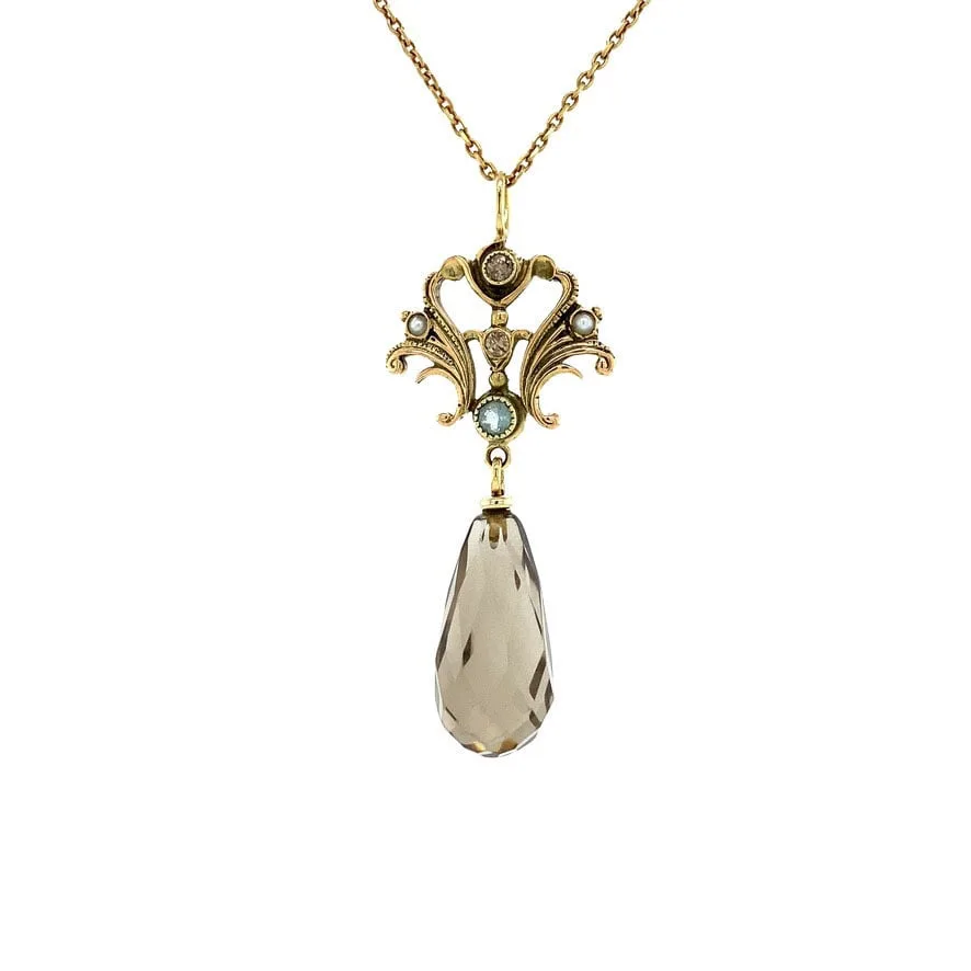 Vintage 14K Gold Pendant with Smoky Quartz, Diamond, Pearl and Aquamarine