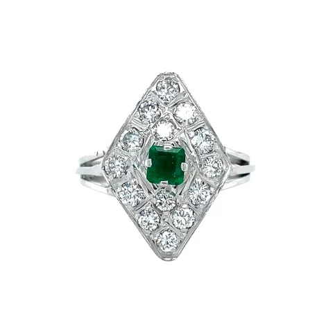 Vintage 18K White Gold Cocktail Ring with Emerald and Diamond