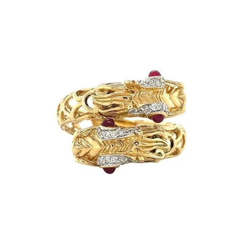 Vintage 18K Gold John Hardy Naga Ring with Ruby and Diamond