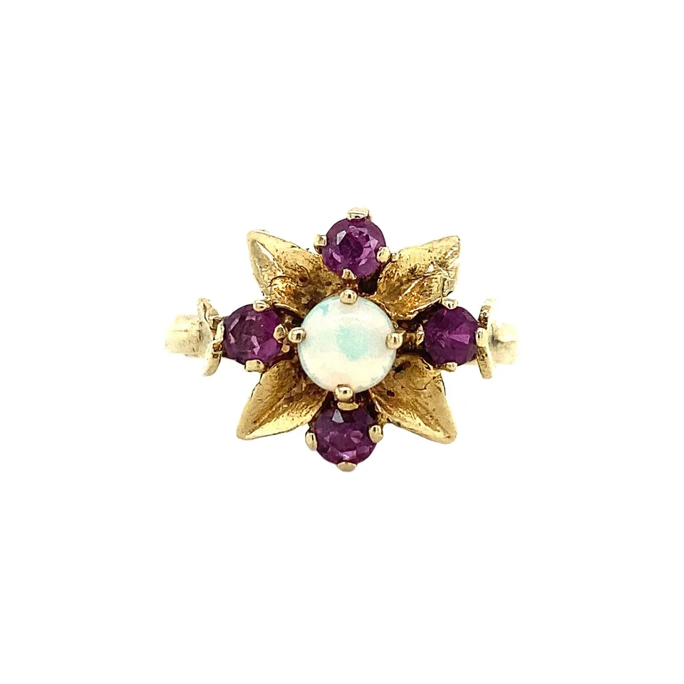 Vintage Cluster 9K Gold Ring with Ruby and Opal