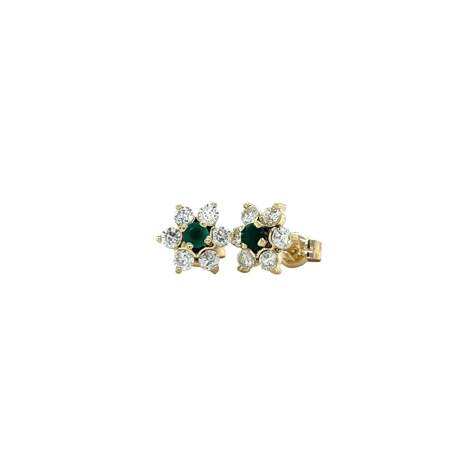 Vintage 14K Gold Cluster Stud Earrings with Agate and Cubic Zirconia