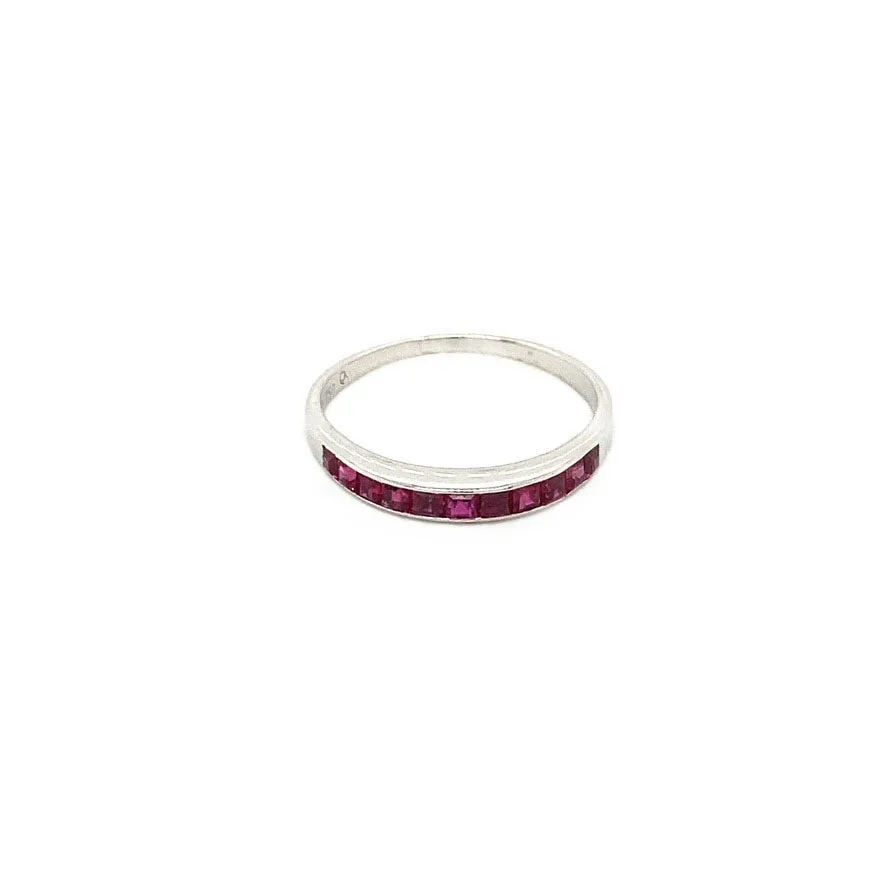 Vintage 18K White Gold Half Eternity Ring with Ruby