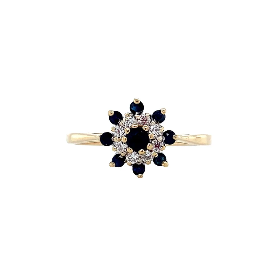 Vintage 14K Gold Cluster Ring with Sapphire and Diamond