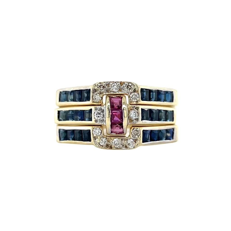 Vintage 14K Gold Ring with Sapphire, Ruby and Diamond