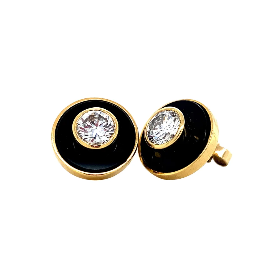 Vintage 18K Gold Stud Earrings with Onyx and Diamond