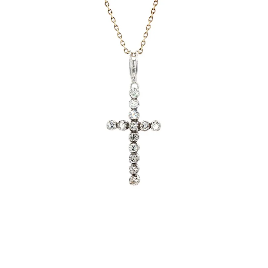 Vintage 14K White Gold Cross Pendant with Diamond