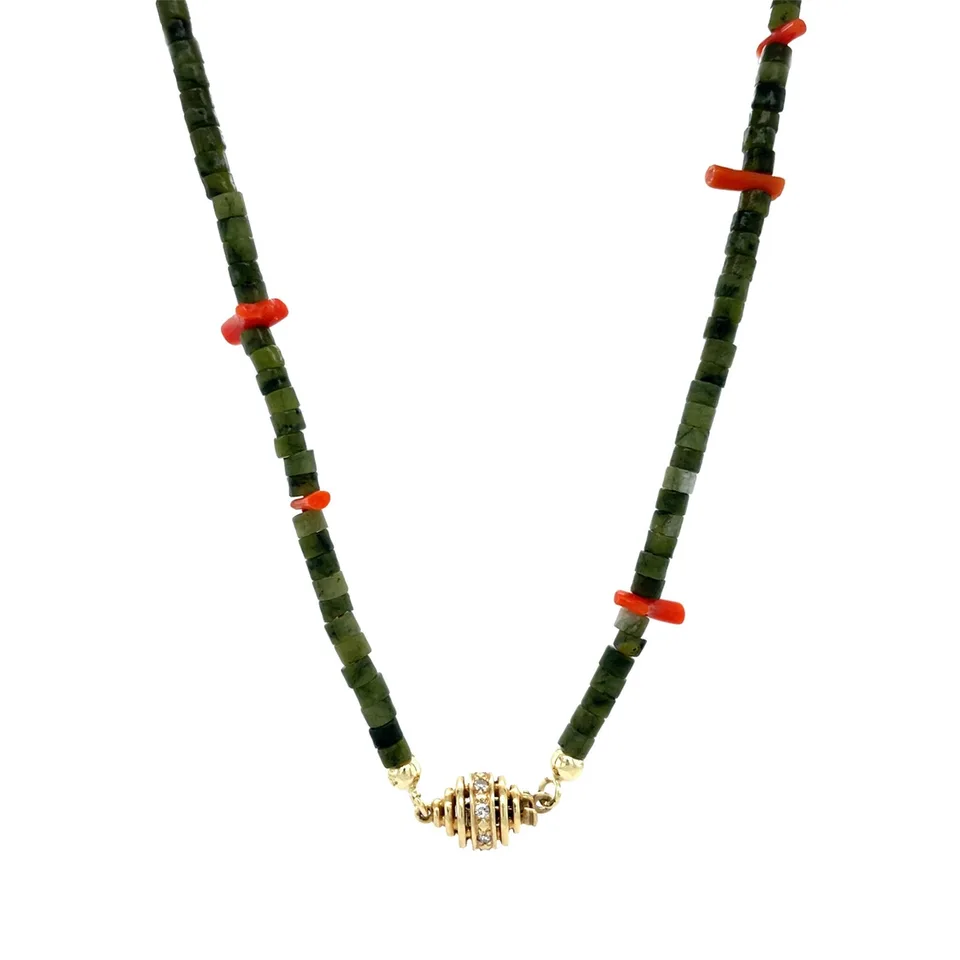 Vintage Jade with Red Coral 14K Gold Necklace with Clasp with Diamond