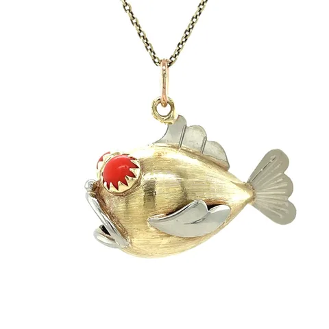 Vintage 14K Two Tone Gold Fish Pendant with Colored Stone