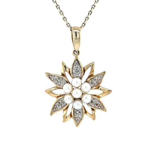Vintage Fancy Cluster 8K Gold Pendant with Pearl and Diamond