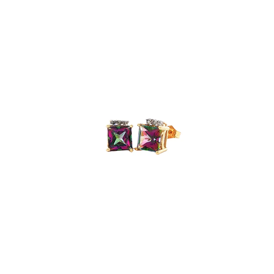 Vintage 14K Gold Stud Earrings with Mystic Topaz and Diamond