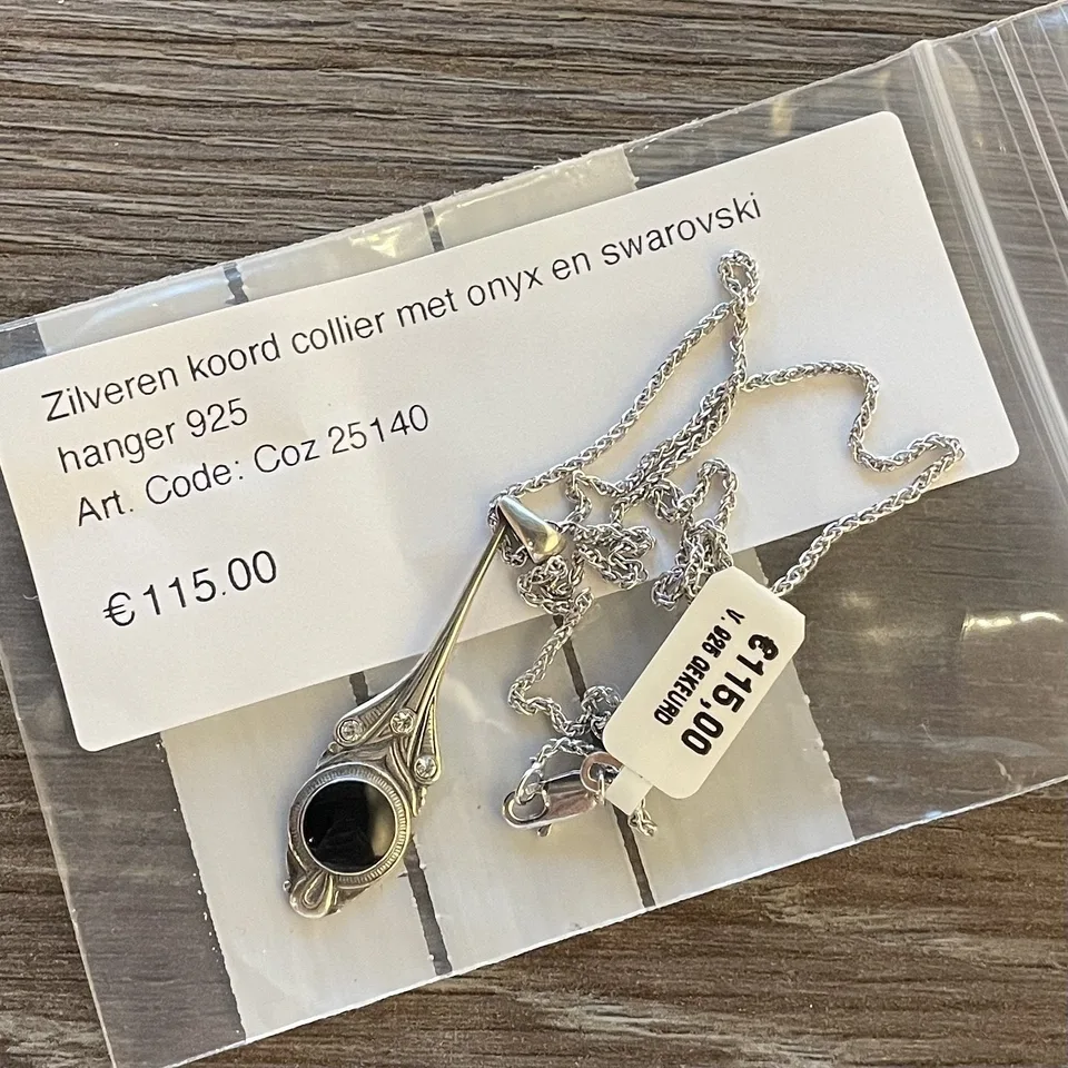 Vintage Sterling Silver Rope Necklace with Onyx and Swarovski Pendant