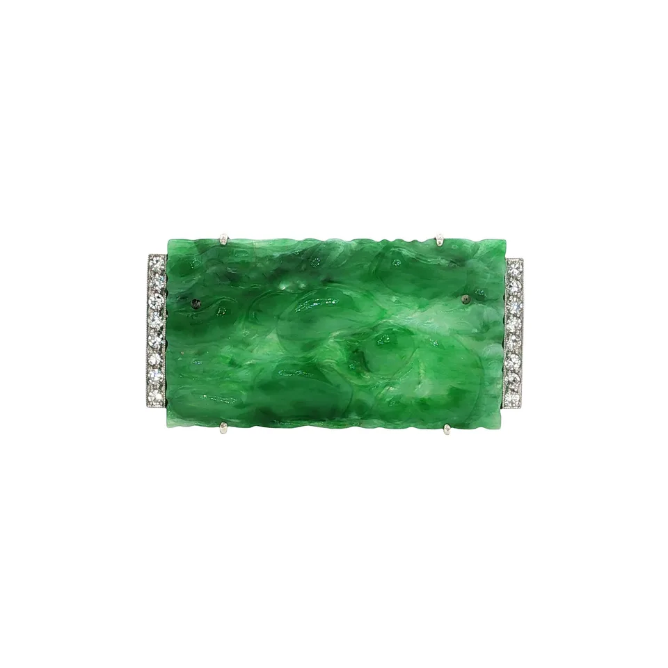 Vintage Silver 14K Gold Brooch with Jade and Diamond