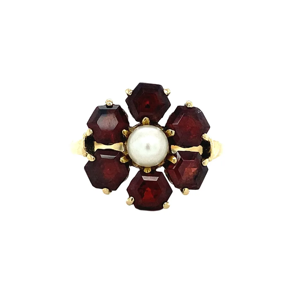 Vintage 14K Gold Cluster Ring with Pearl and Garnet