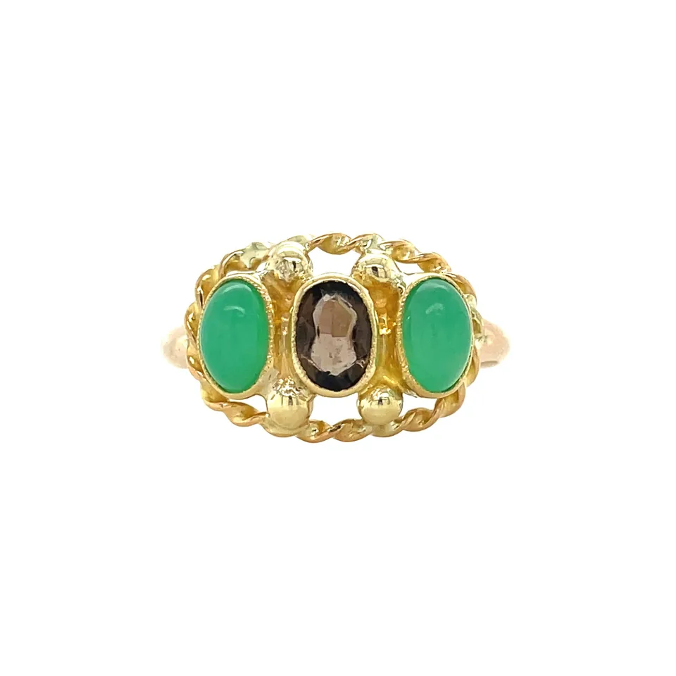 Vintage Trilogy 10K Gold Ring with Smoky Quartz and Chrysoprase