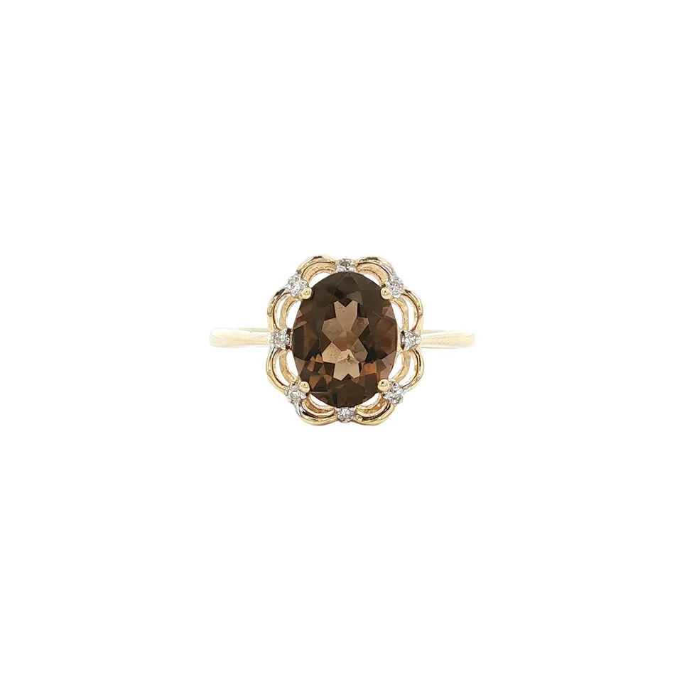 Vintage 9K Gold Ring with Smoky Quartz and Diamond