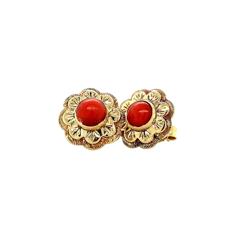 Vintage 14K Gold Stud Earrings with Red Coral
