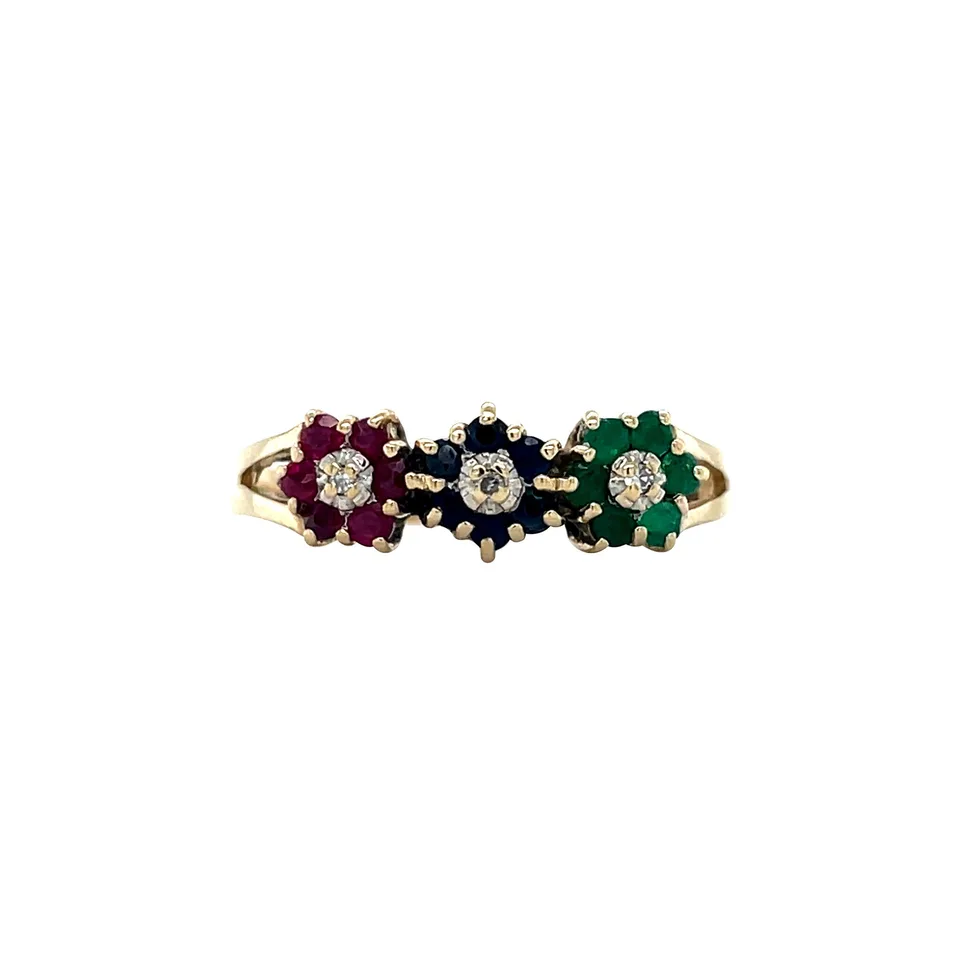 Vintage 14K Gold Cluster Half Eternity Ring with Sapphire, Emerald, Ruby and Diamond