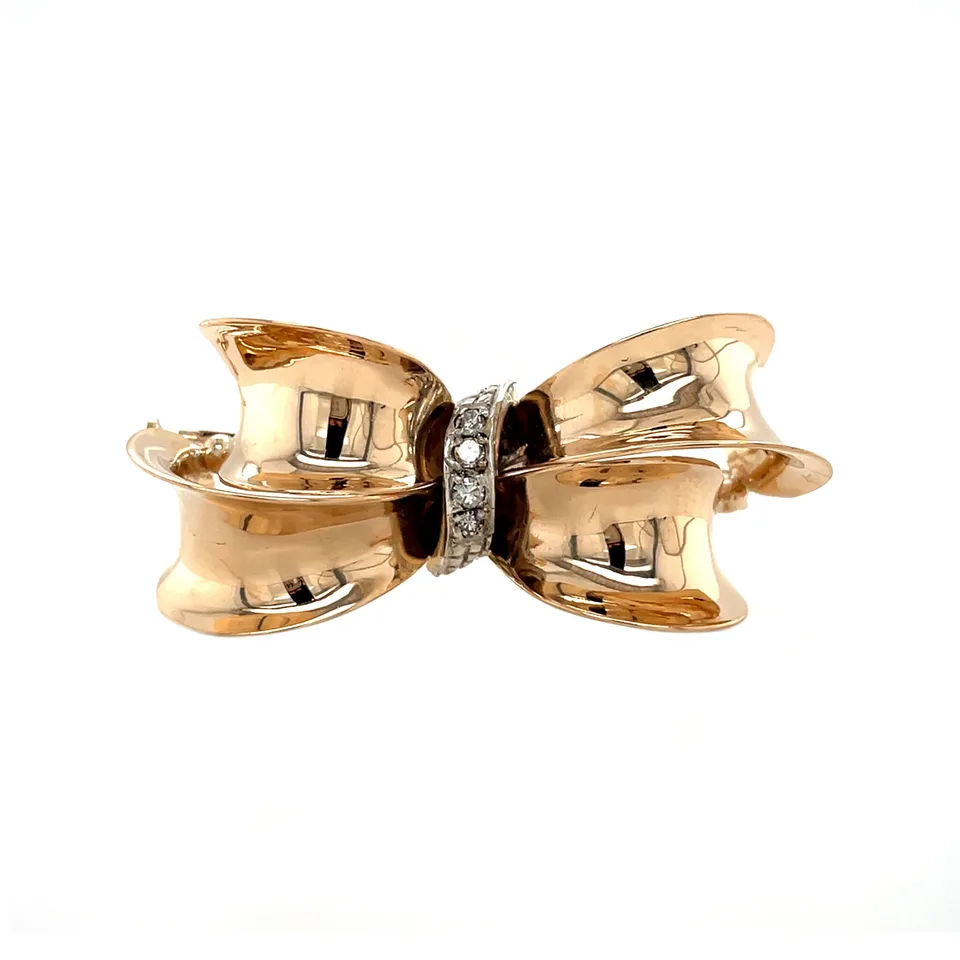 Vintage 14K Gold Bow Brooch with Diamond