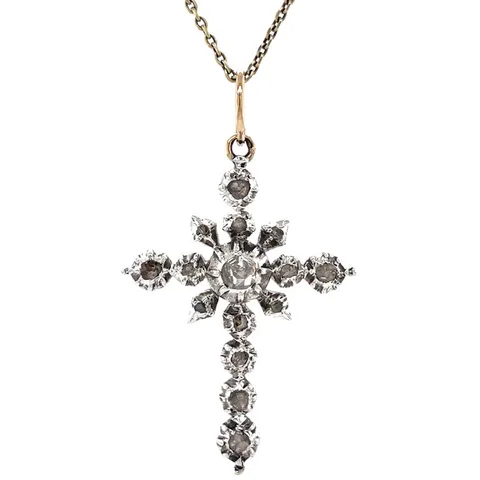 Vintage Silver Victorian Cross 14K Pendant with Rose Cut Diamond